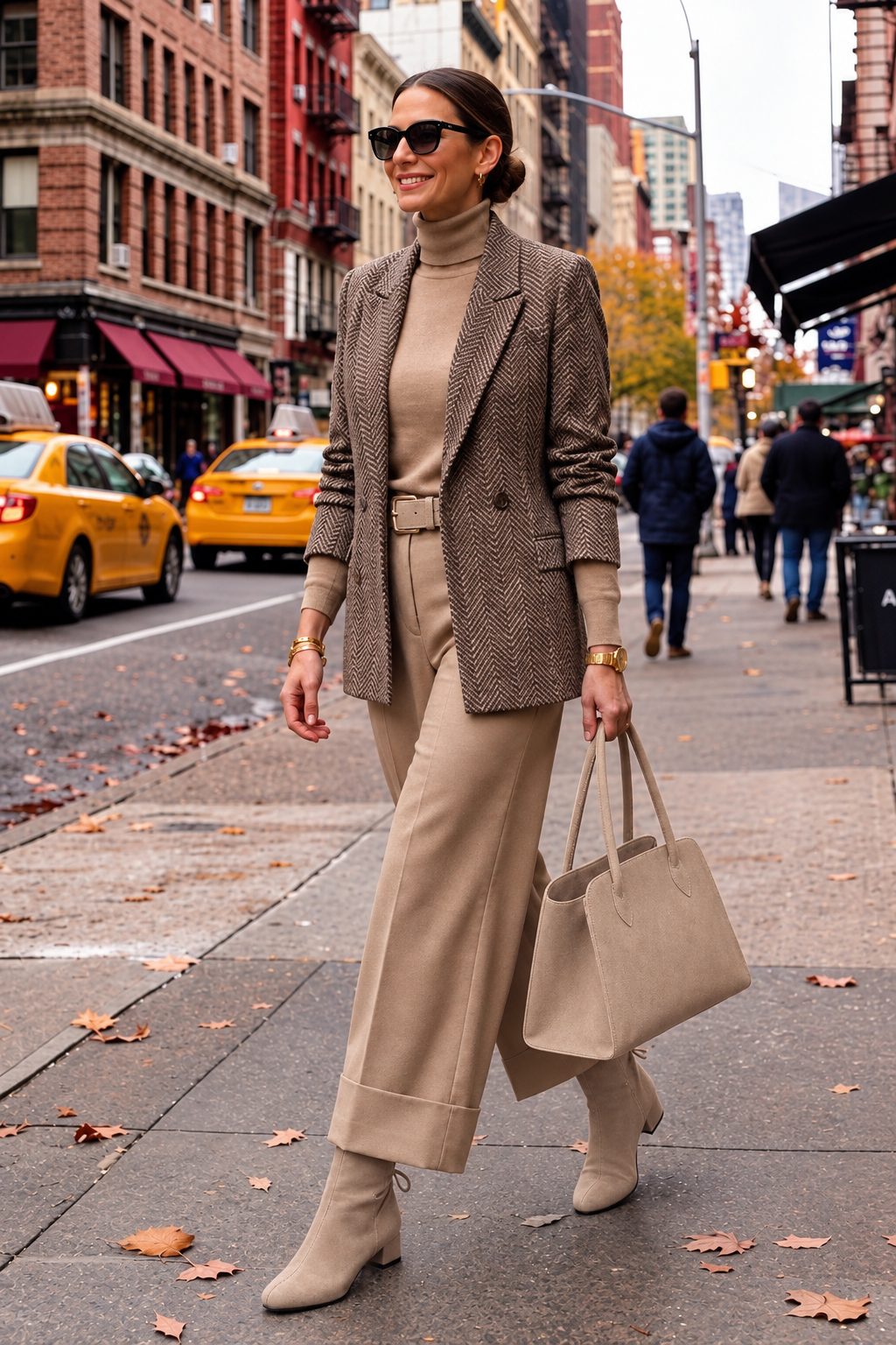 Women's matching back-laced ankle boots and small crossbody bag, in sand leather with low block heel and round toe.. - Worn view